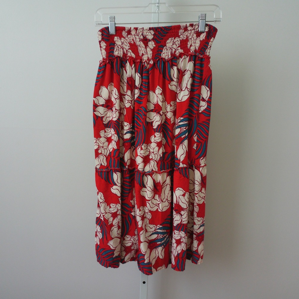 Lark + Grey Boho Beachy Tropical Floral Smocked Midi Skirt PM Red